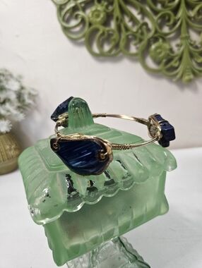 Gold Wire Bangle with Dark Blue Stone & Glass Accents